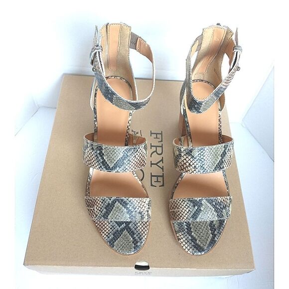 New! FRYE Bryn Stitch Snakeprint Leather Sandals Open-Toe Shoe 3 inch Block Heel - Picture 6 of 11